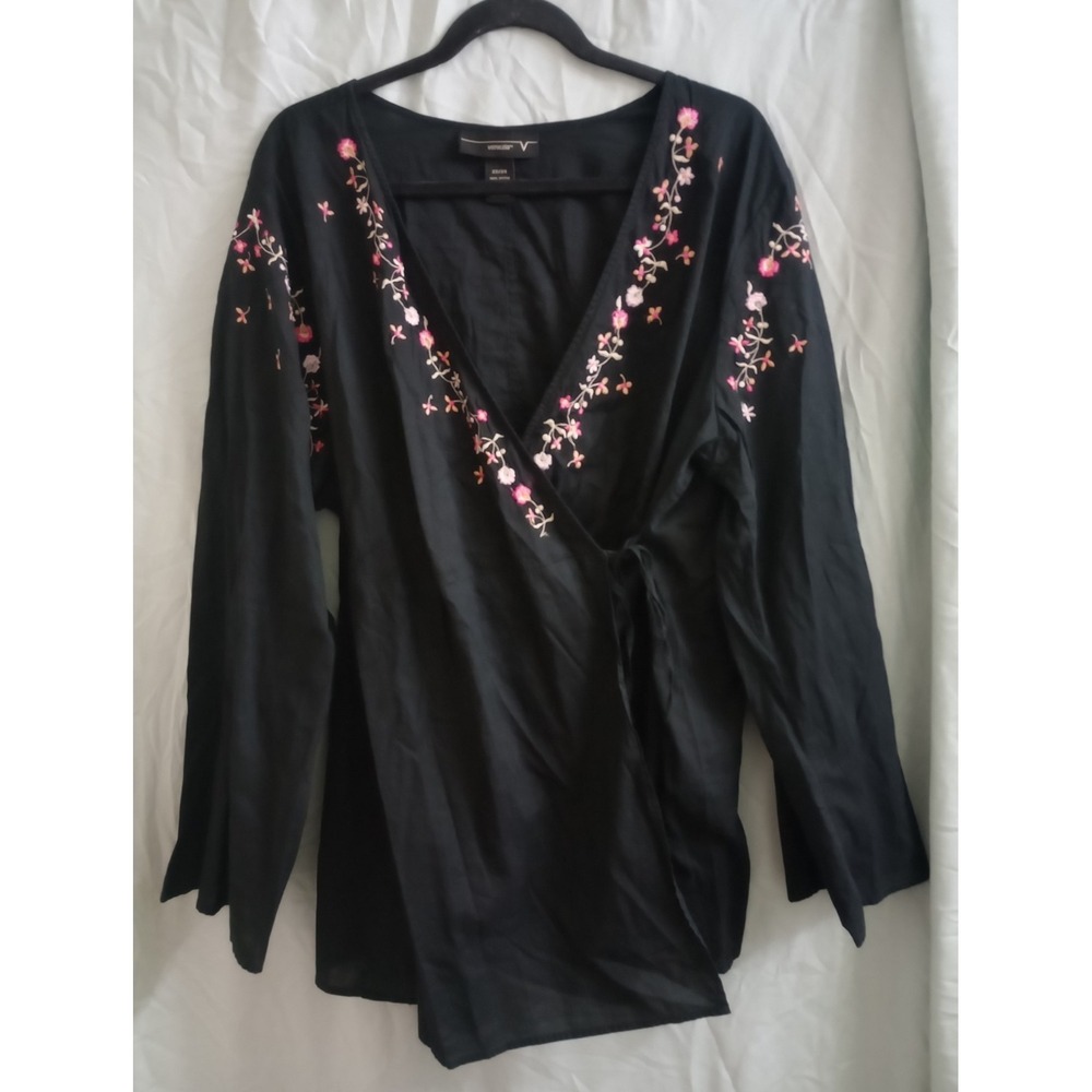 Venezia Embroidered Peasant Wrap Top Floral Boho 100% Cotton Black Size 22/24